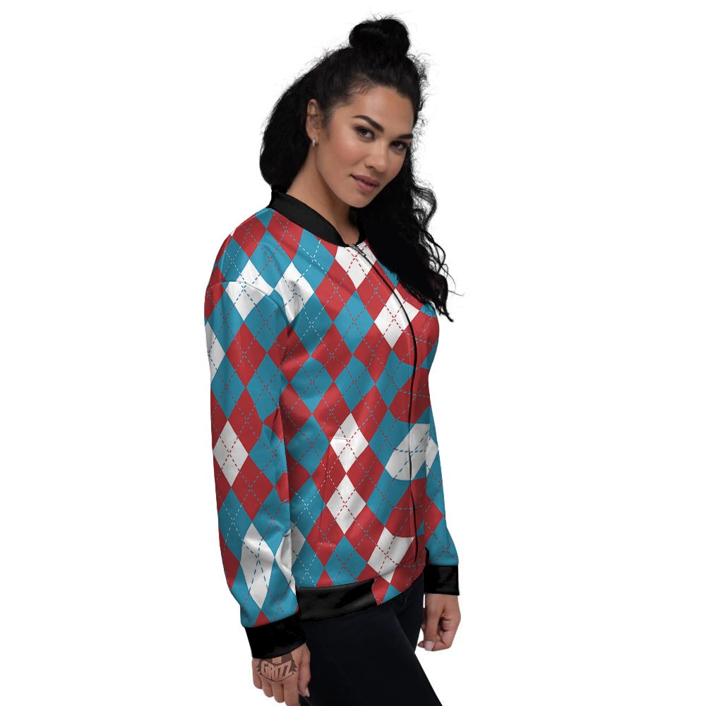 Blue White And Red Argyle Print Pattern Women's Bomber Jacket-grizzshop