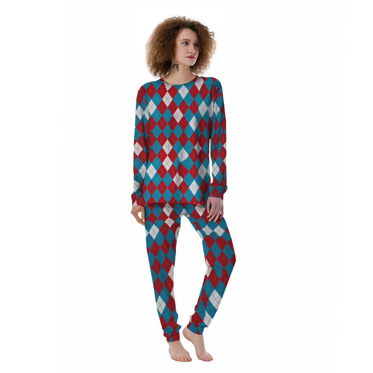 Blue White And Red Argyle Print Pattern Women's Pajamas-grizzshop