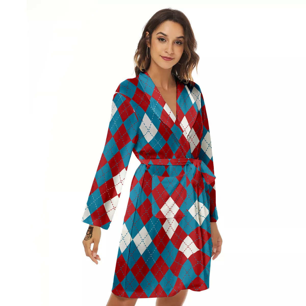 Blue White And Red Argyle Print Pattern Women's Robe-grizzshop