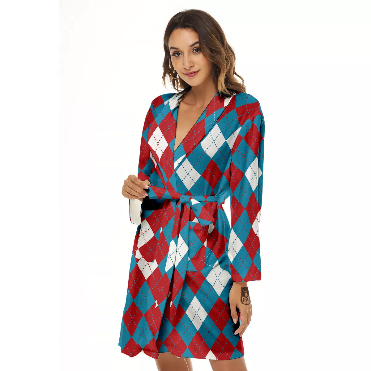Blue White And Red Argyle Print Pattern Women's Robe-grizzshop