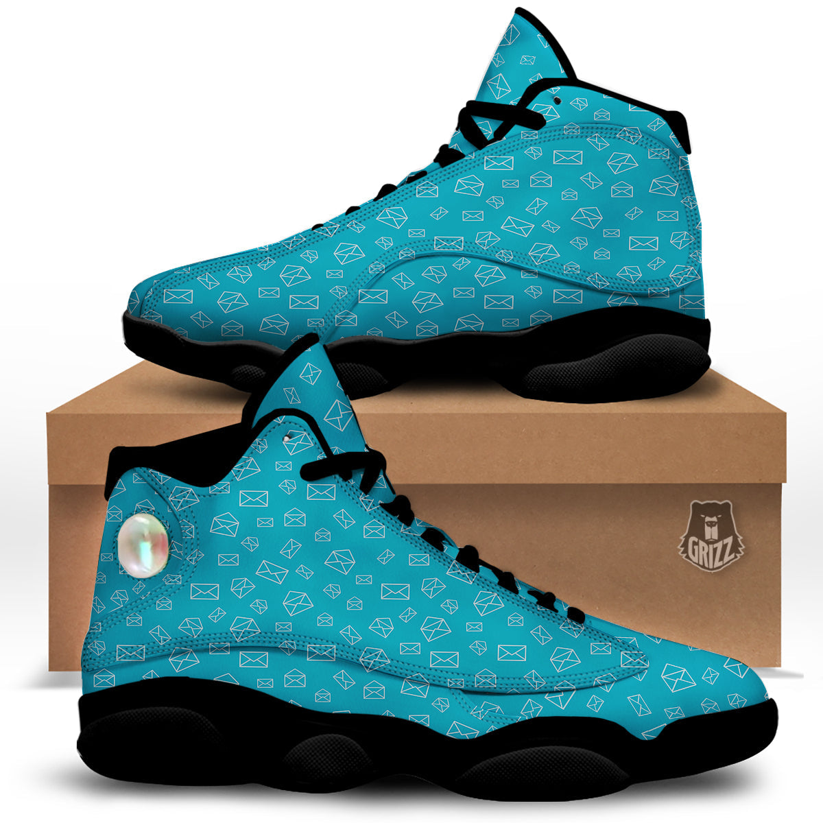 Blue White Mail Print Pattern Black Basketball Shoes-grizzshop