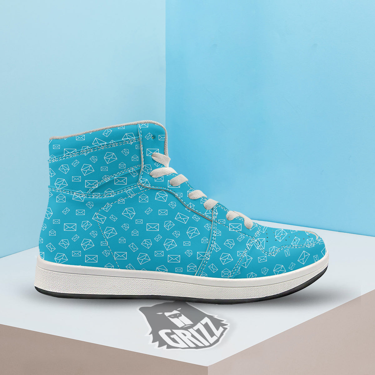 Blue White Mail Print Pattern High Top Sneakers-grizzshop