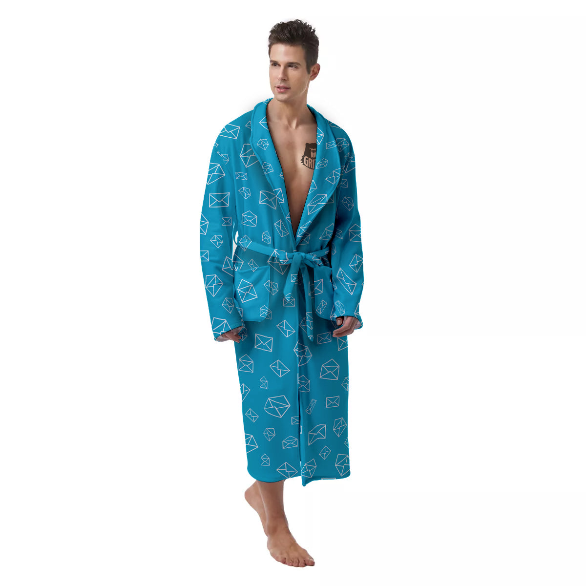 Blue White Mail Print Pattern Men's Robe-grizzshop