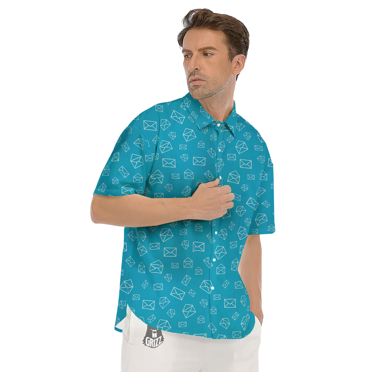 Blue White Mail Print Pattern Men's Short Sleeve Shirts-grizzshop