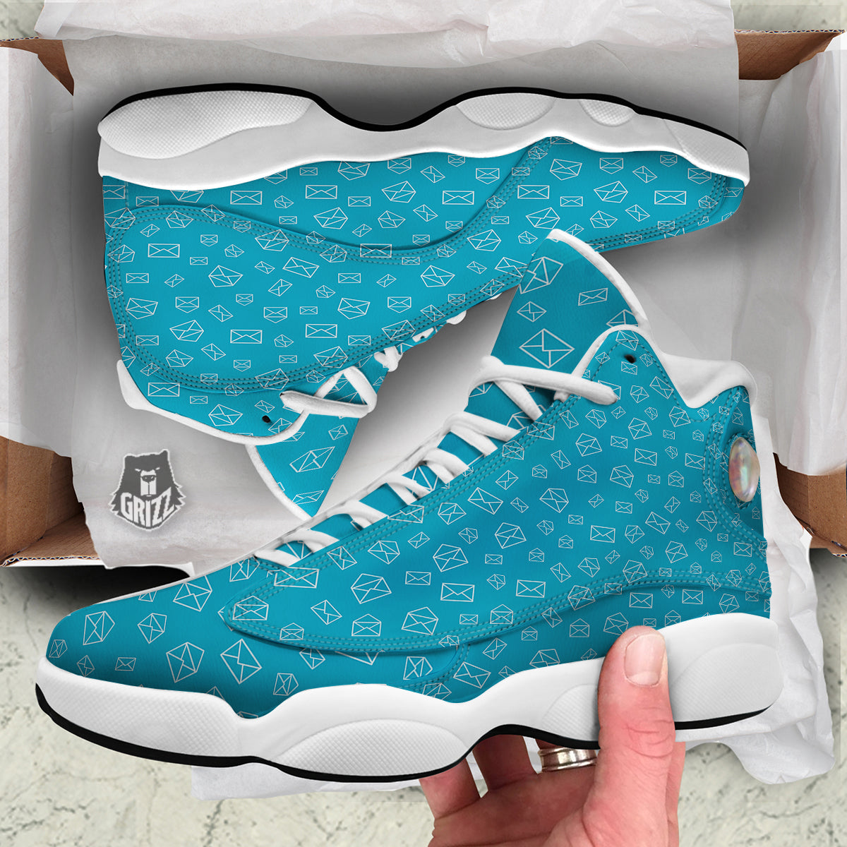 Blue White Mail Print Pattern White Basketball Shoes-grizzshop