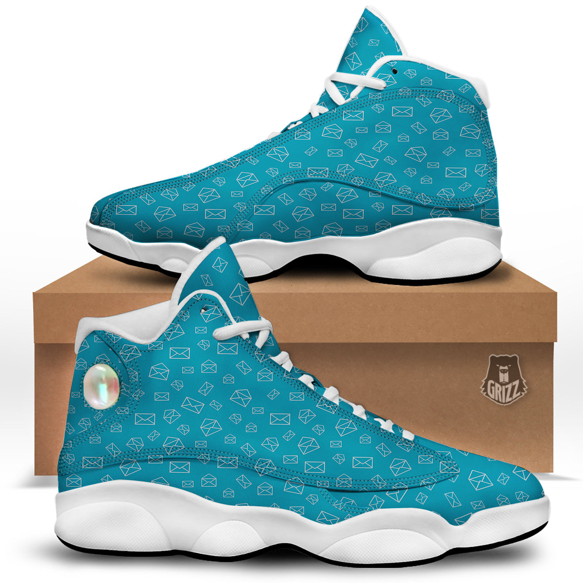 Blue White Mail Print Pattern White Basketball Shoes-grizzshop