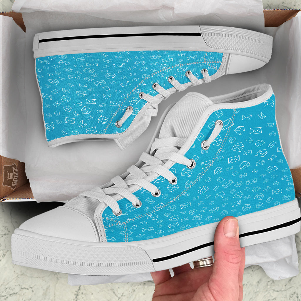 Blue White Mail Print Pattern White High Top Shoes-grizzshop