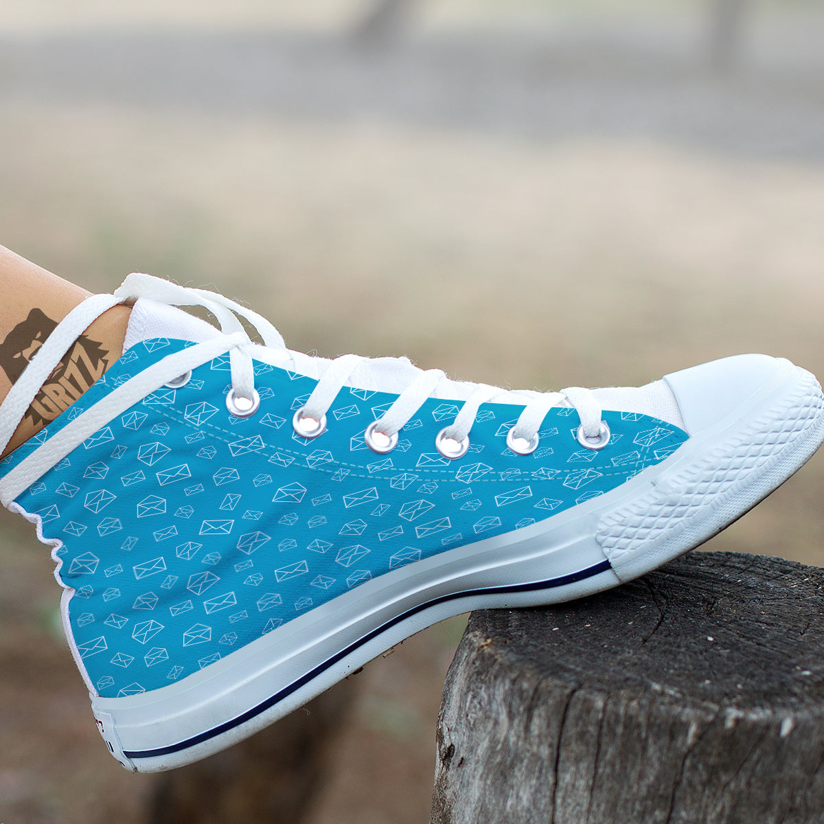 Blue White Mail Print Pattern White High Top Shoes-grizzshop