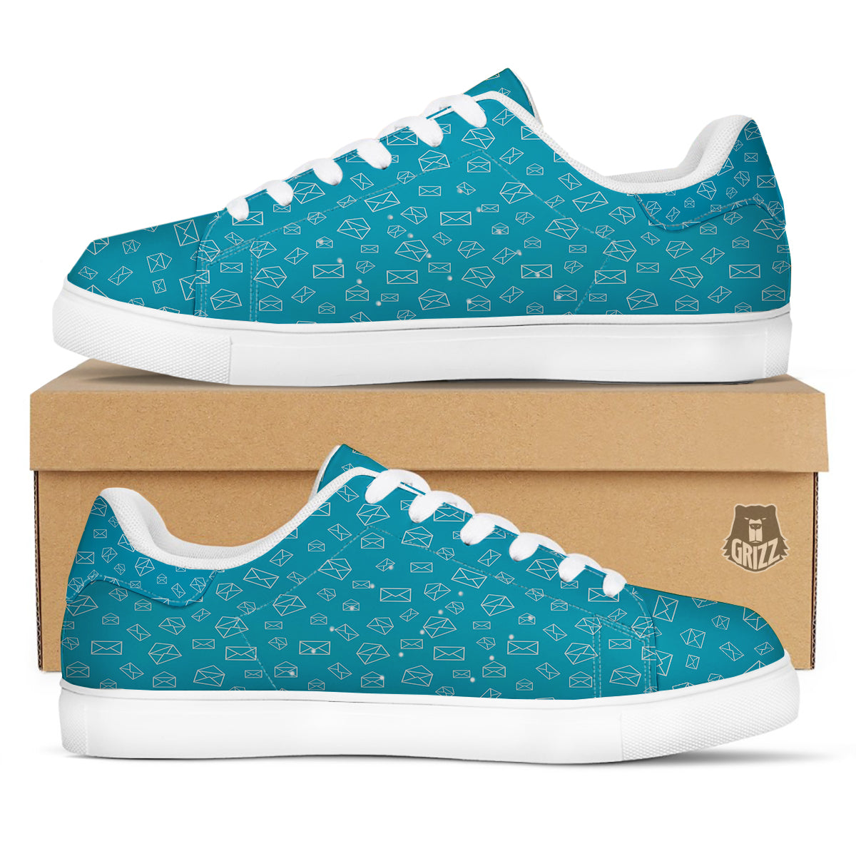 Blue White Mail Print Pattern White Low Top Sneakers-grizzshop
