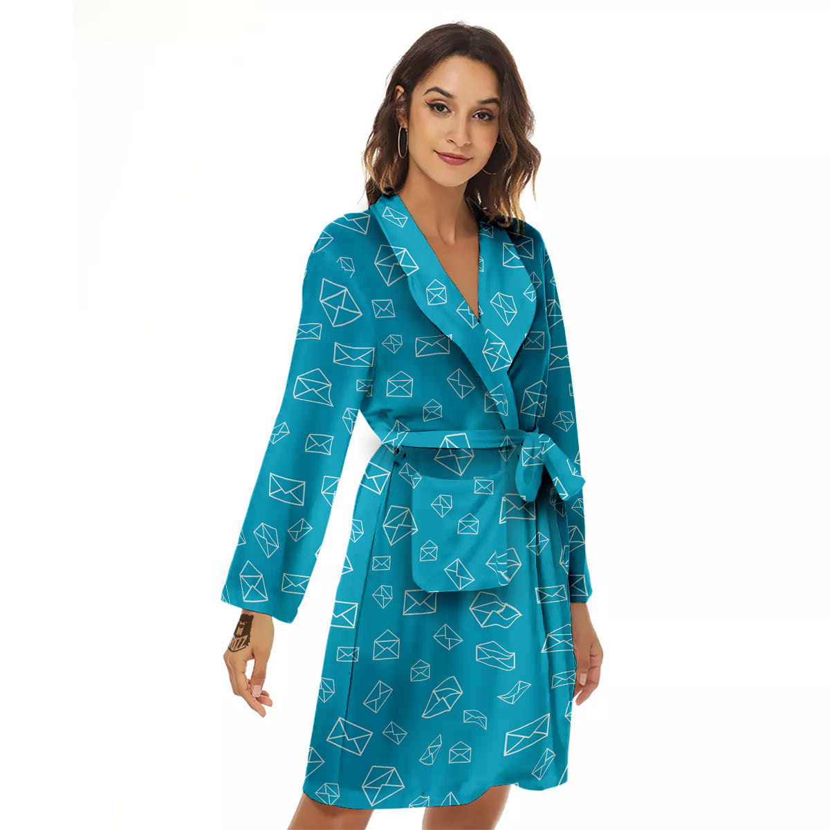 Blue White Mail Print Pattern Women's Robe-grizzshop