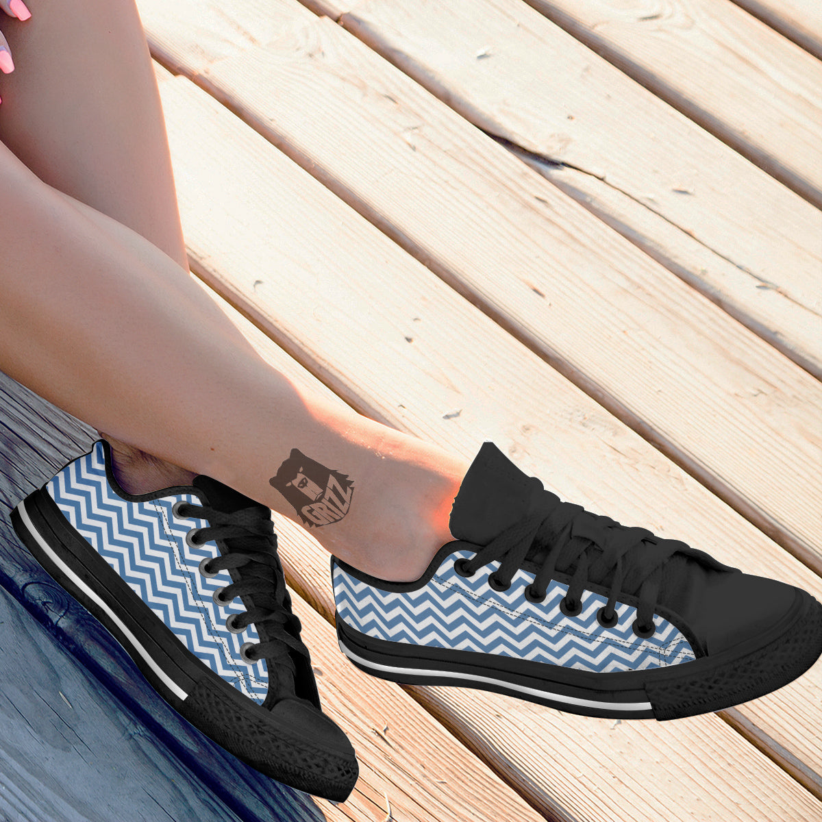 Blue Zigzag Print Pattern Black Low Top Shoes-grizzshop