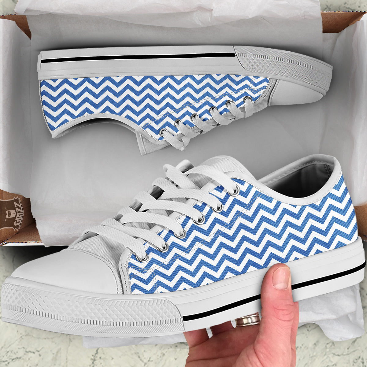 Blue Zigzag Print Pattern White Low Top Shoes-grizzshop
