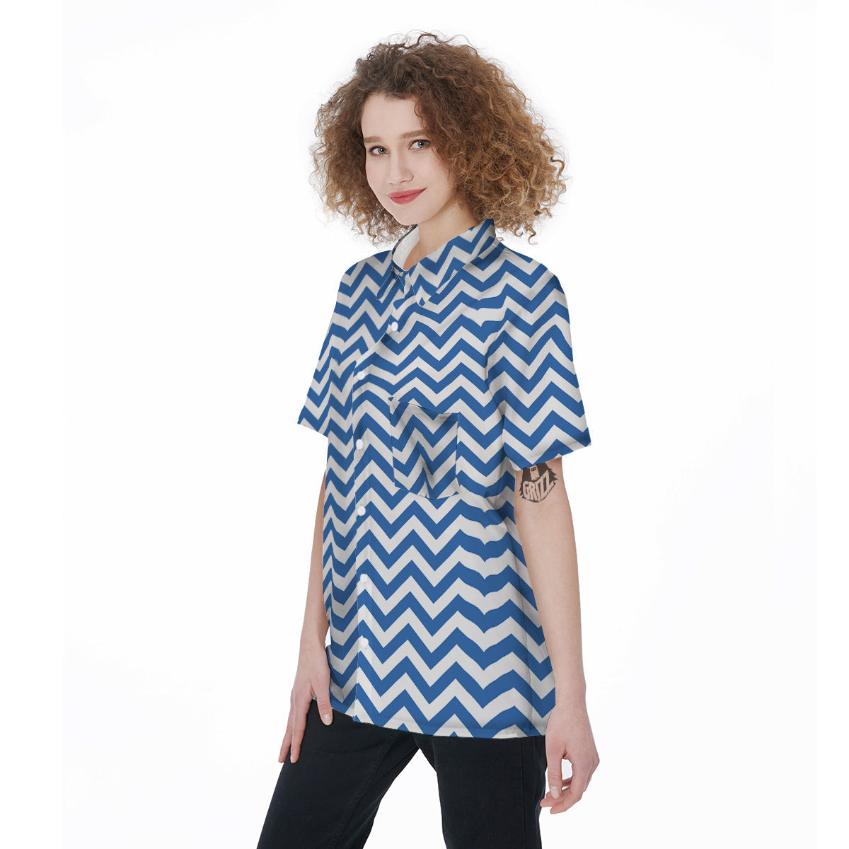 Blue Zigzag Print Pattern Women's Short Sleeve Shirts-grizzshop