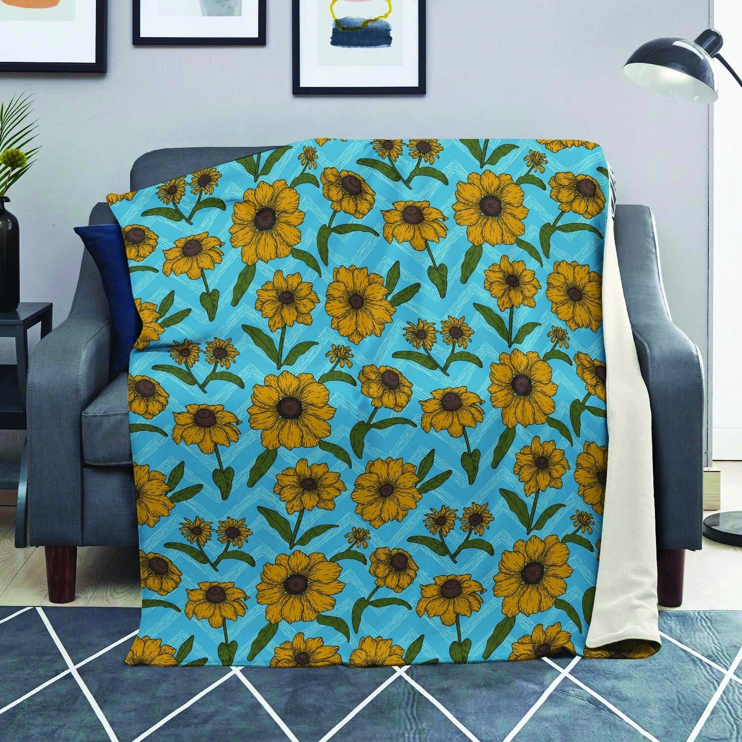 Blue Zigzag Sunflower Blanket-grizzshop