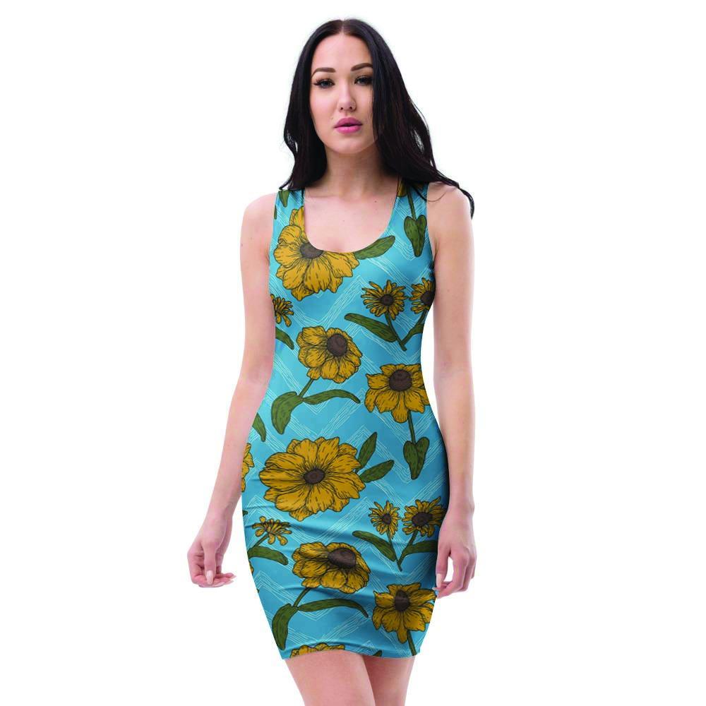 Blue Zigzag Sunflower Bodycon Dress-grizzshop