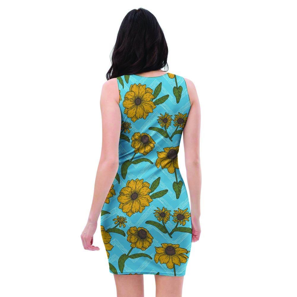 Blue Zigzag Sunflower Bodycon Dress-grizzshop