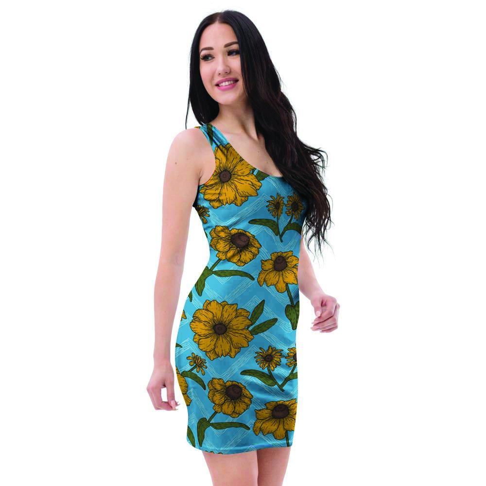 Blue Zigzag Sunflower Bodycon Dress-grizzshop