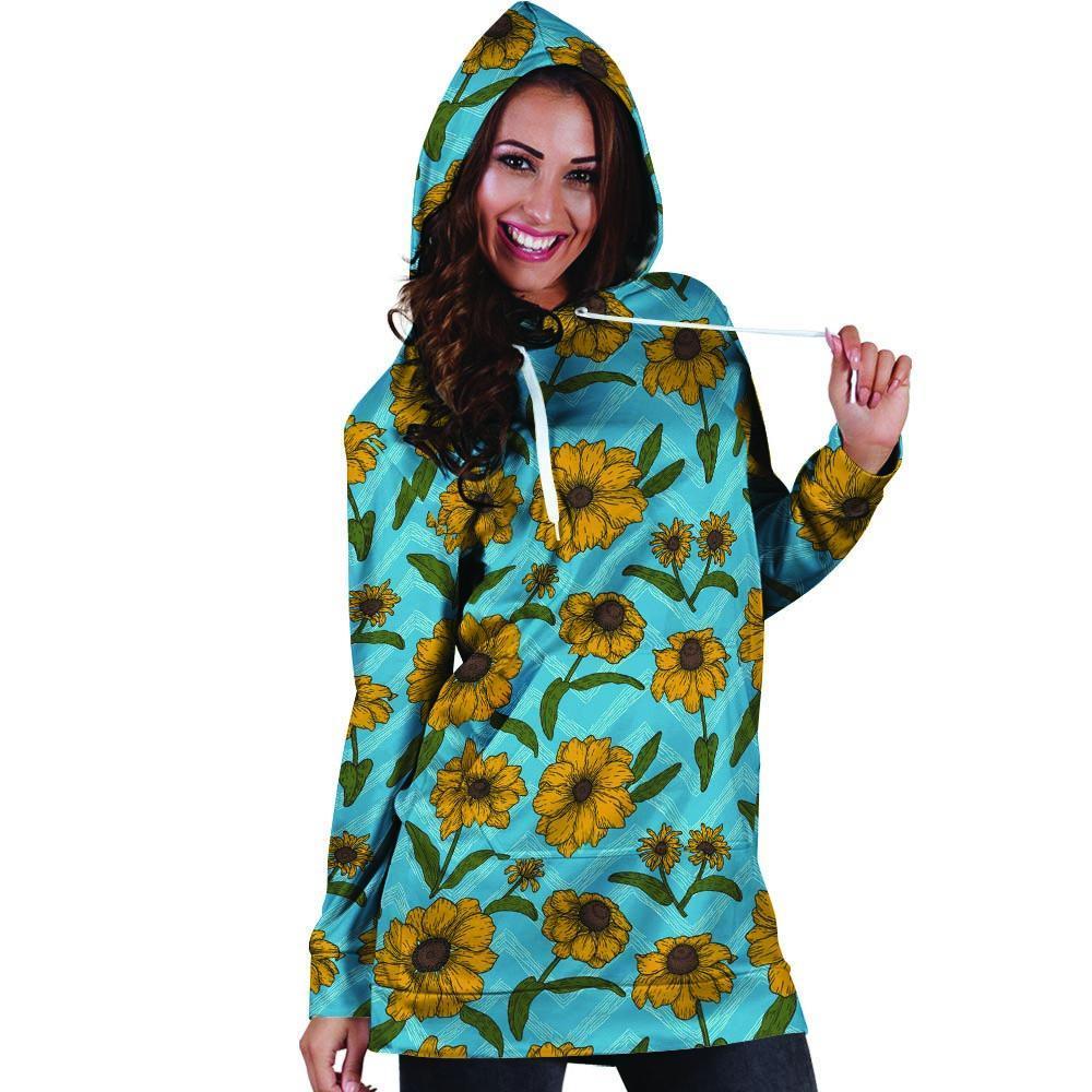 Blue Zigzag Sunflower Hoodie Dress-grizzshop