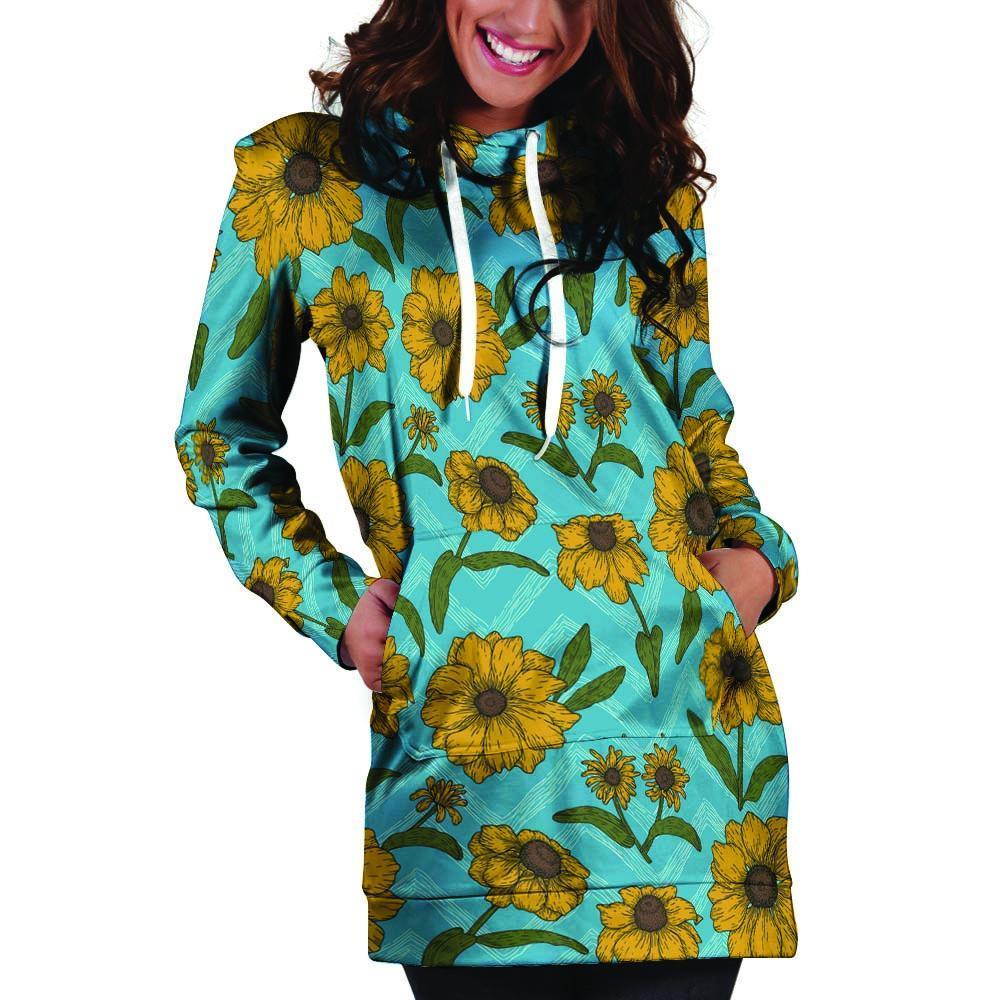 Blue Zigzag Sunflower Hoodie Dress-grizzshop