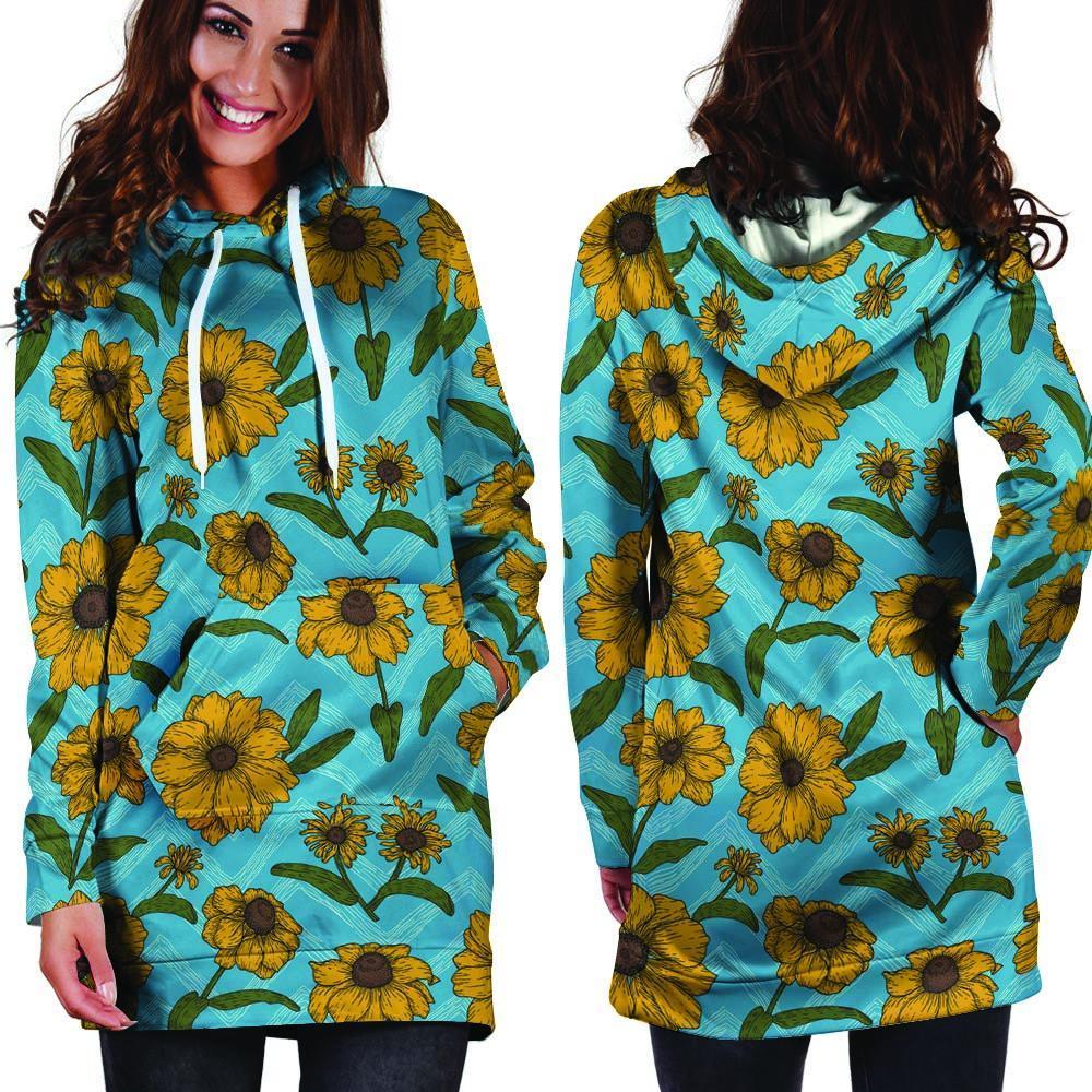 Blue Zigzag Sunflower Hoodie Dress-grizzshop