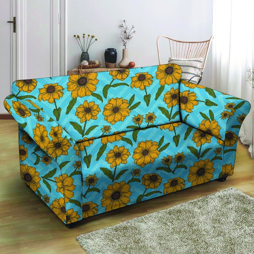 Blue Zigzag Sunflower Loveseat Cover-grizzshop