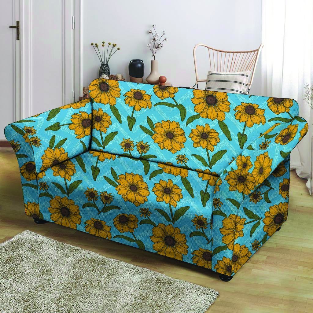 Blue Zigzag Sunflower Loveseat Cover-grizzshop