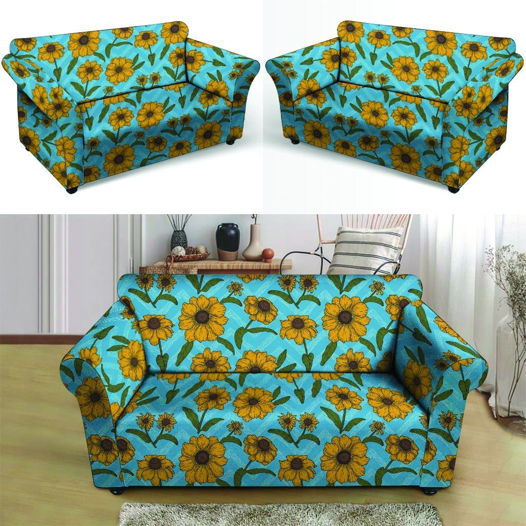 Blue Zigzag Sunflower Loveseat Cover-grizzshop