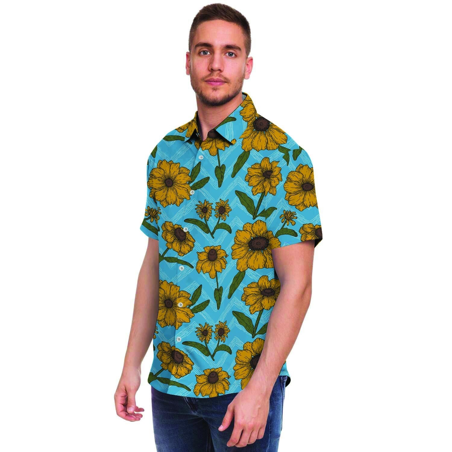 Blue Zigzag Sunflower Men's Short Sleeve Shirt-grizzshop