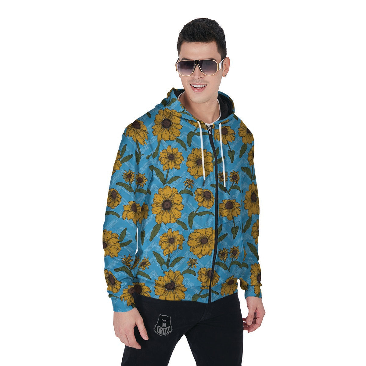 Blue Zigzag Sunflower Men's Zip Up Hoodie-grizzshop