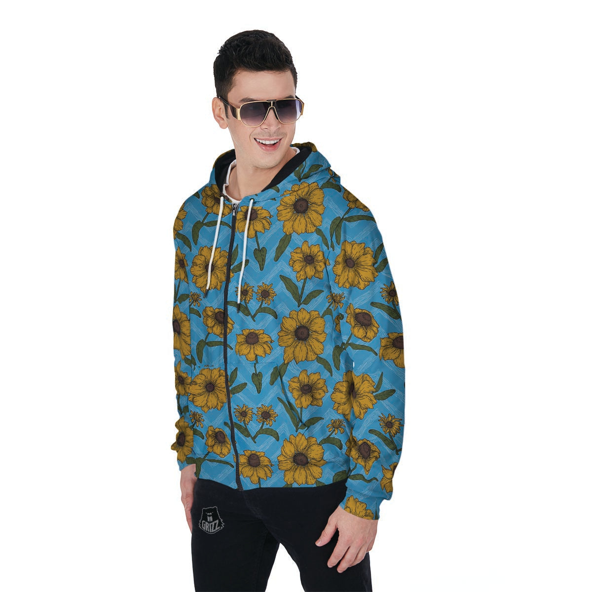 Blue Zigzag Sunflower Men's Zip Up Hoodie-grizzshop