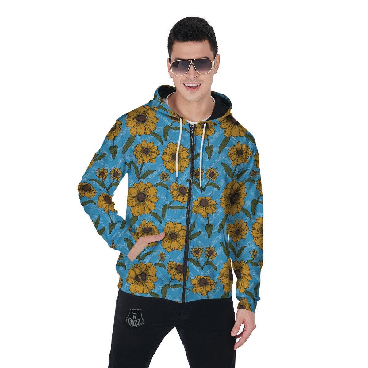 Blue Zigzag Sunflower Men's Zip Up Hoodie-grizzshop