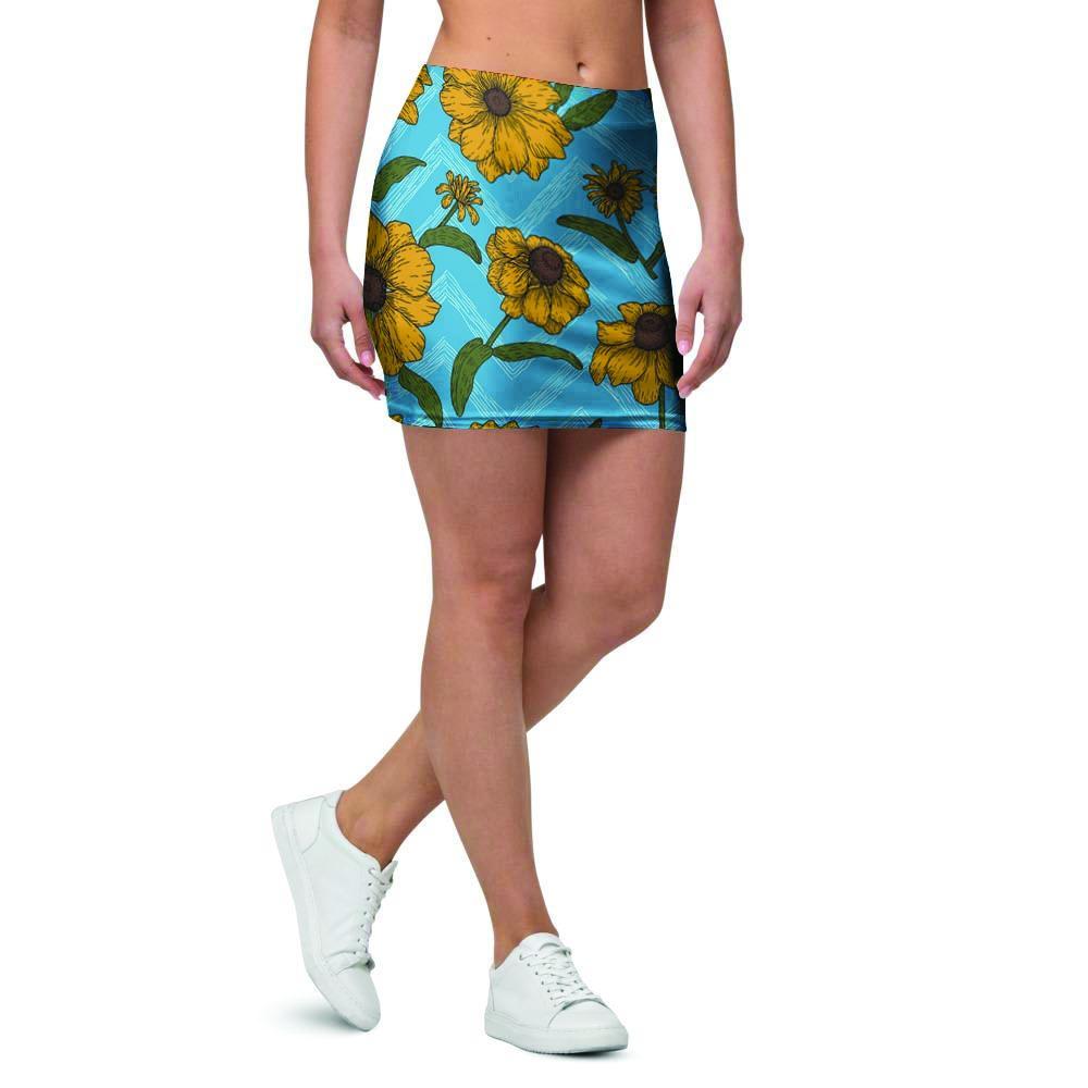 Blue Zigzag Sunflower Mini Skirt-grizzshop