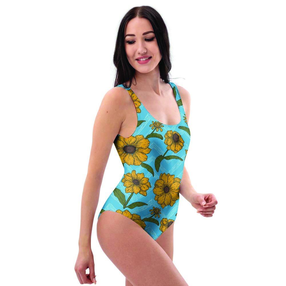 Blue Zigzag Sunflower One Piece Swimsuite-grizzshop