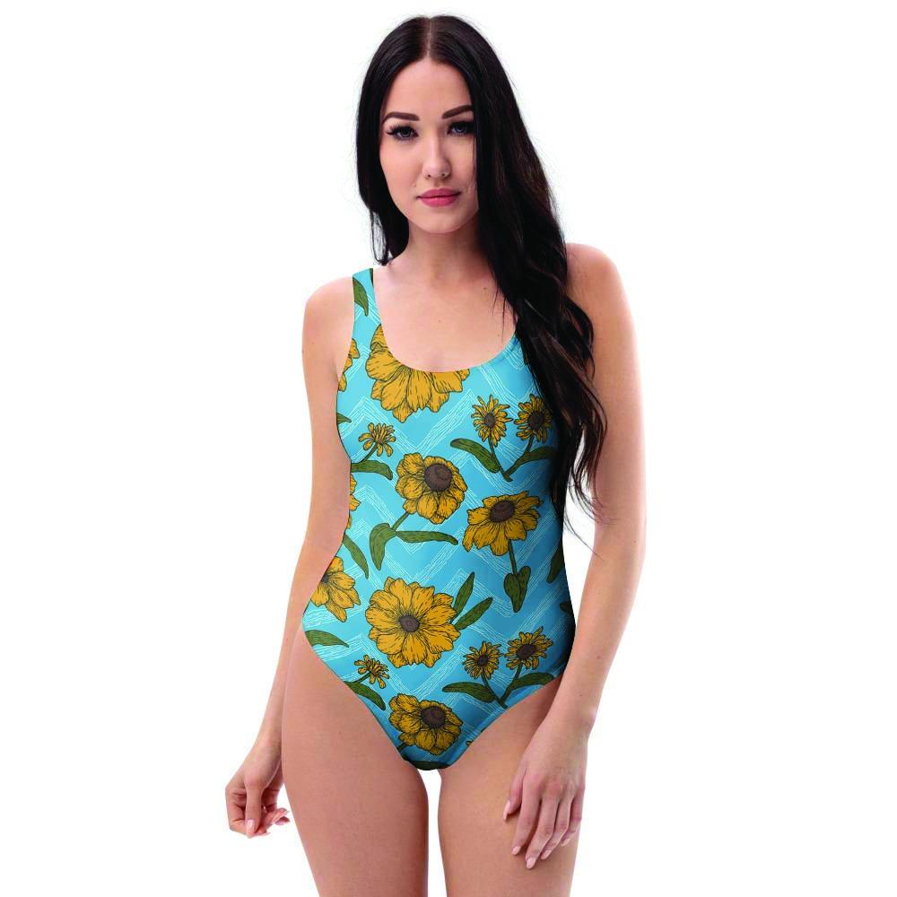 Blue Zigzag Sunflower One Piece Swimsuite-grizzshop