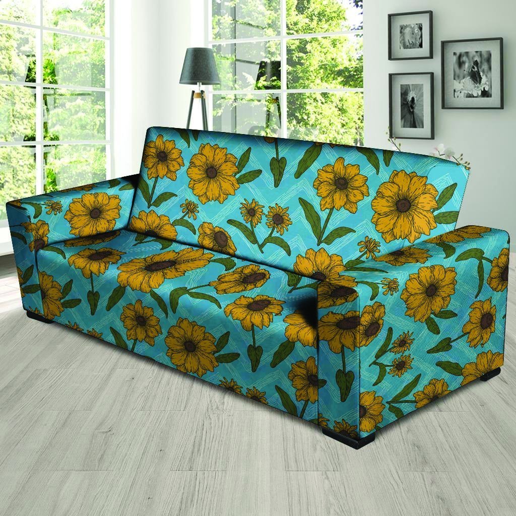 Blue Zigzag Sunflower Sofa Cover-grizzshop