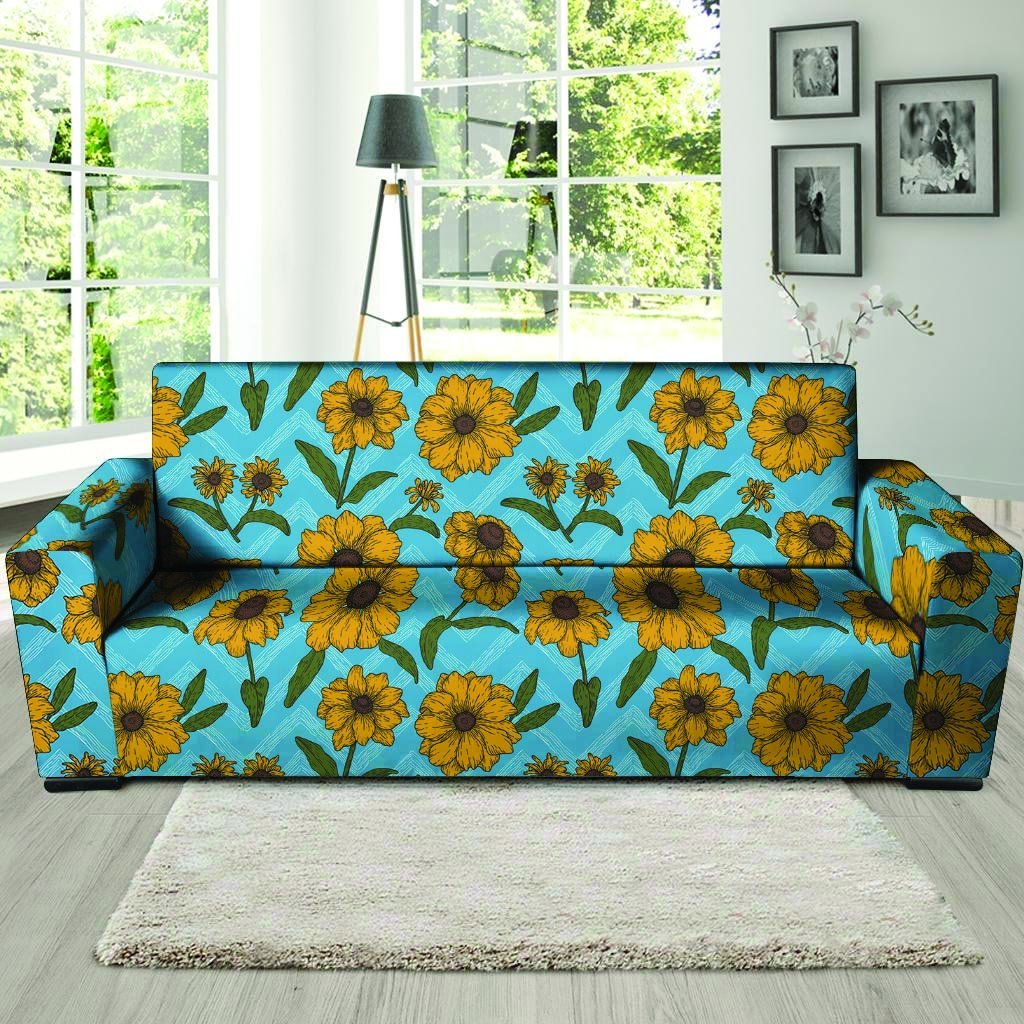 Blue Zigzag Sunflower Sofa Cover-grizzshop