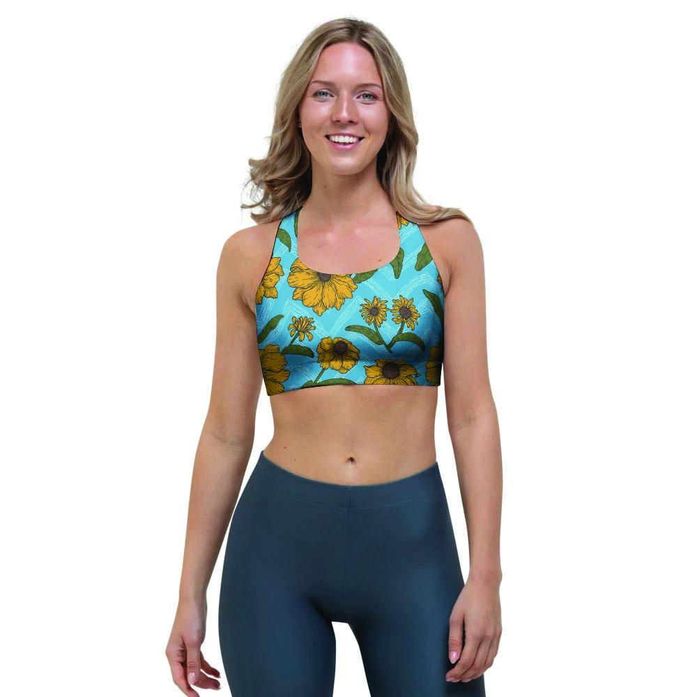 Blue Zigzag Sunflower Sports Bra-grizzshop