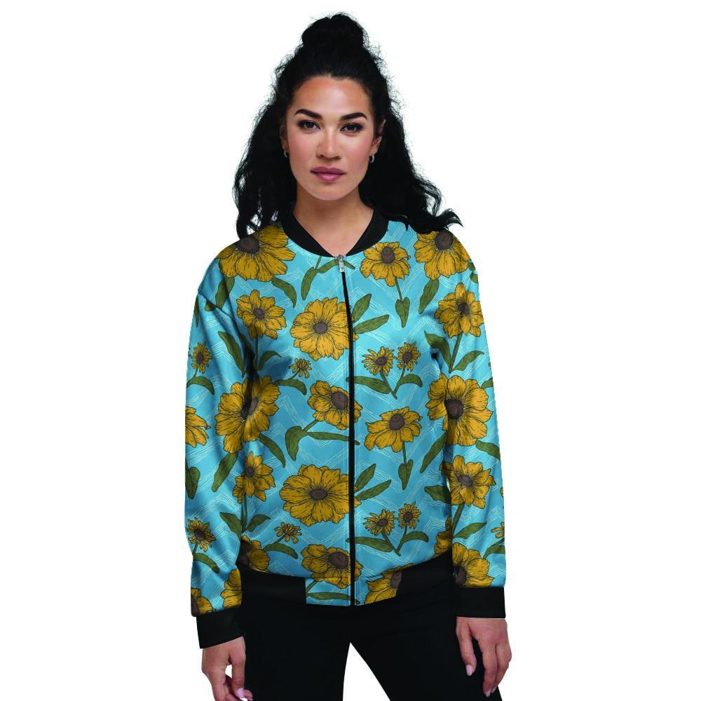 Blue Zigzag Sunflower Women's Bomber Jacket-grizzshop