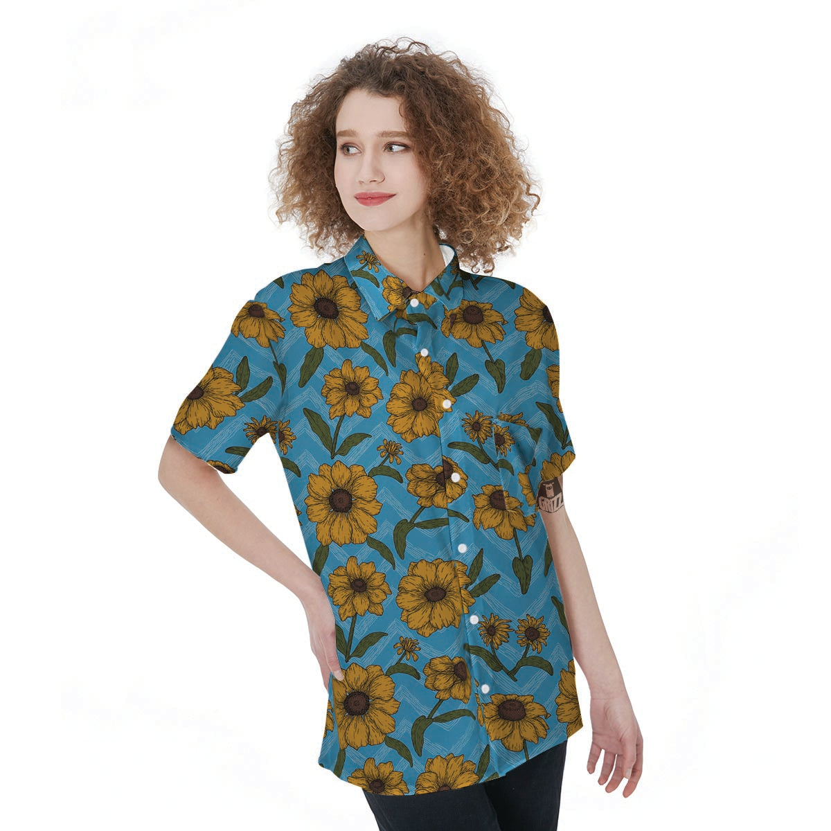 Blue Zigzag Sunflower Women's Short Sleeve Shirts-grizzshop