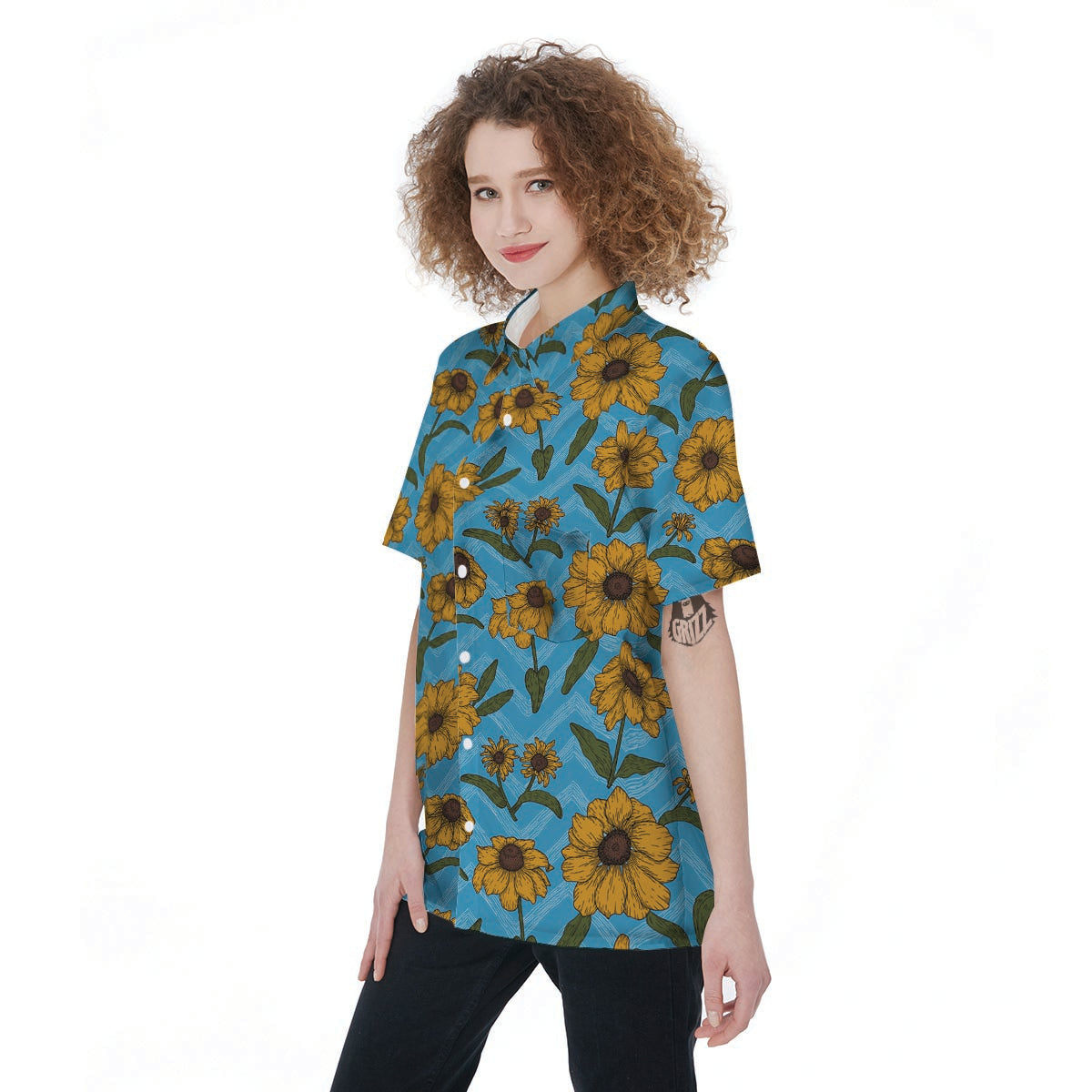 Blue Zigzag Sunflower Women's Short Sleeve Shirts-grizzshop