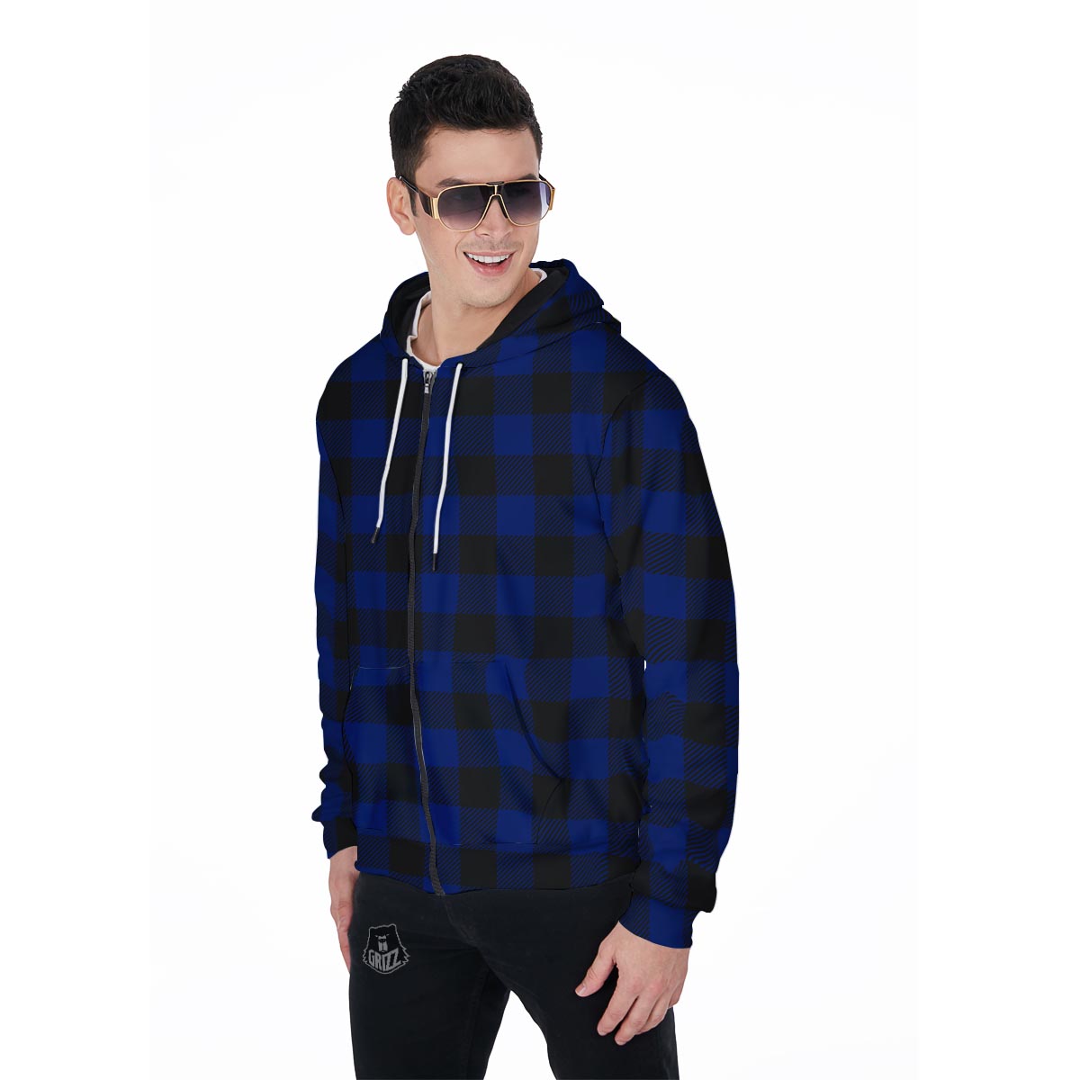 Blue Buffalo Plaid Men's Zip Up Hoodie-grizzshop