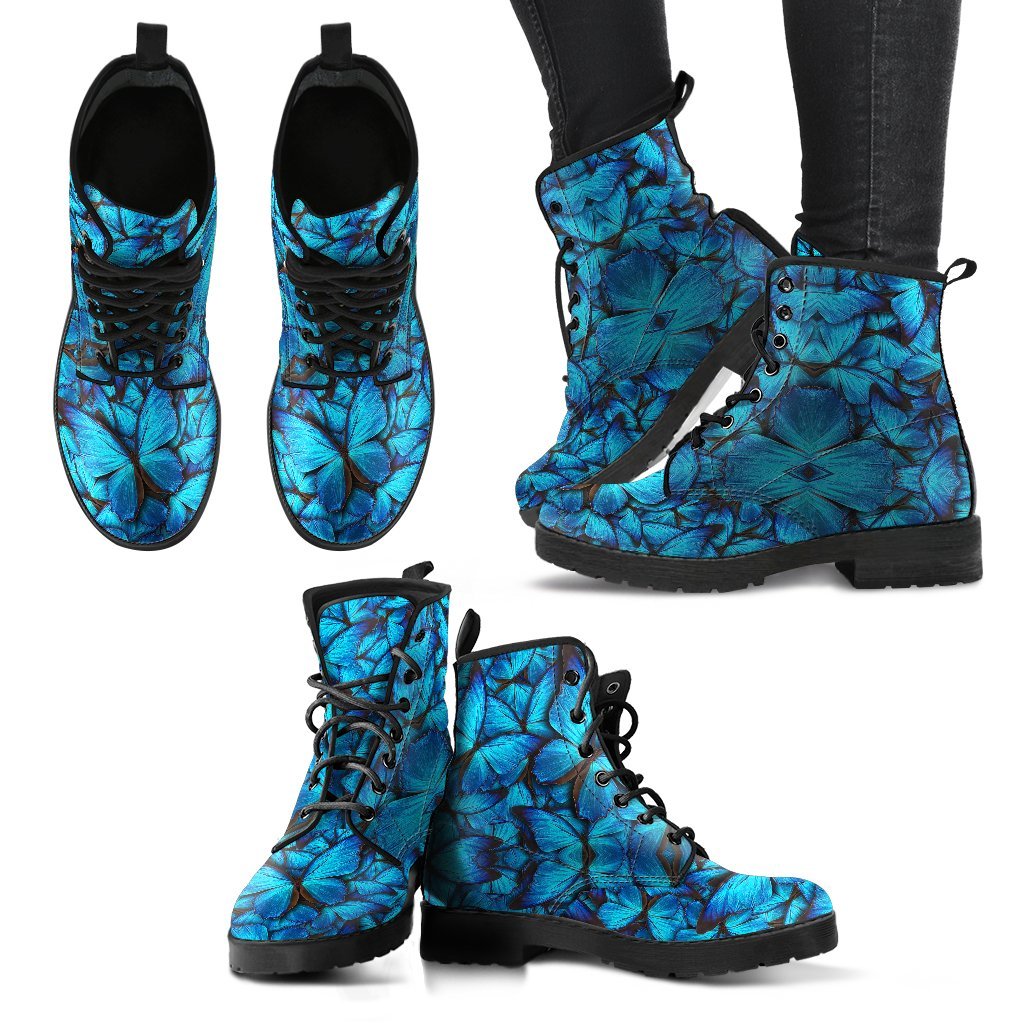 Blue Butterfly Pattern Print Men Women Leather Boots-grizzshop