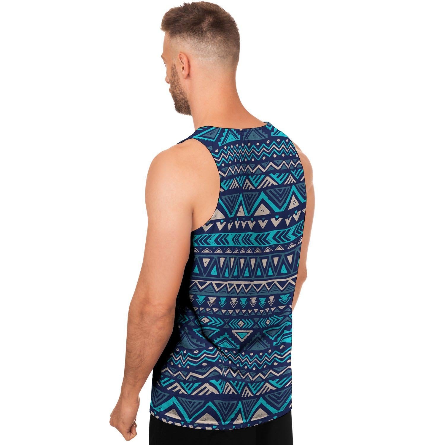 Blue Tribal Aztec Hand Drawn Men's Tank Tops-grizzshop