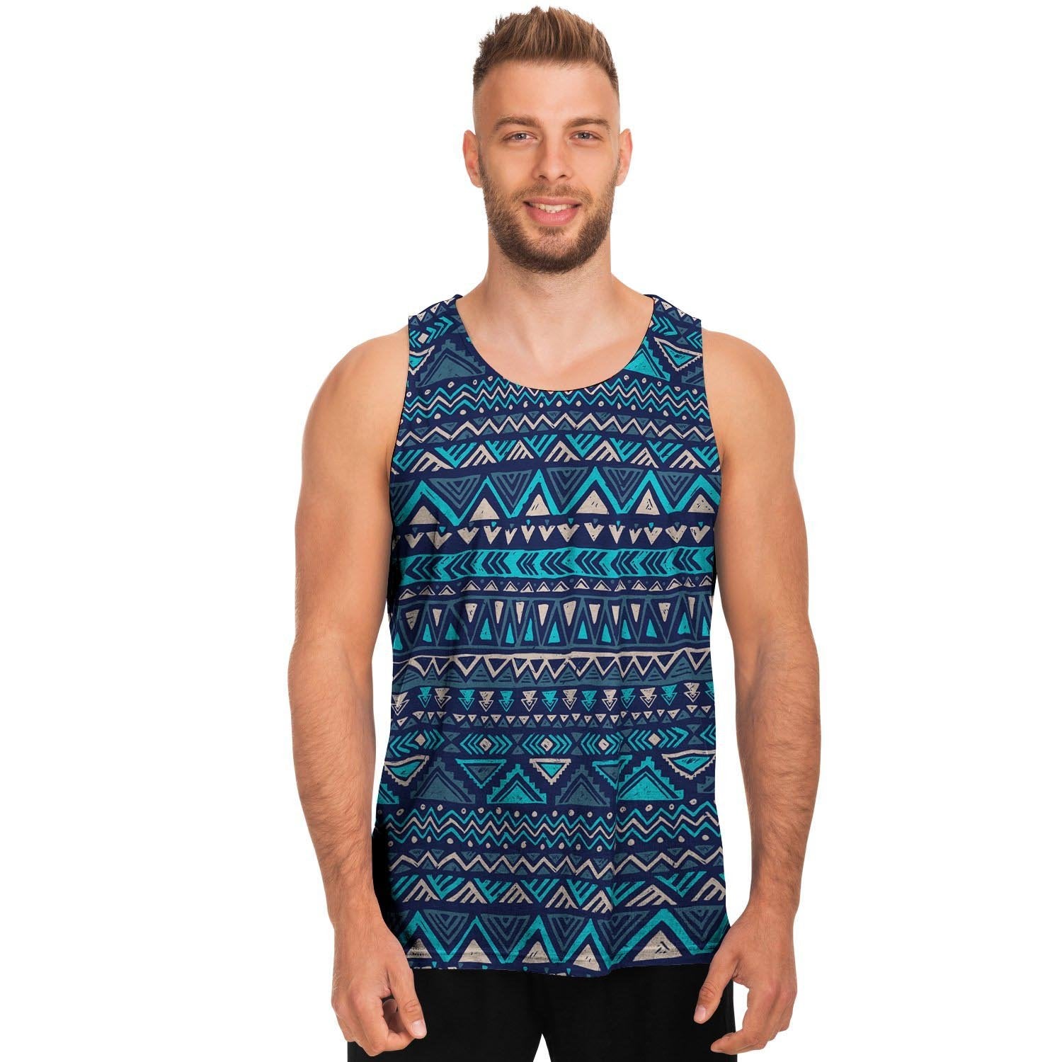 Blue Tribal Aztec Hand Drawn Men's Tank Tops-grizzshop