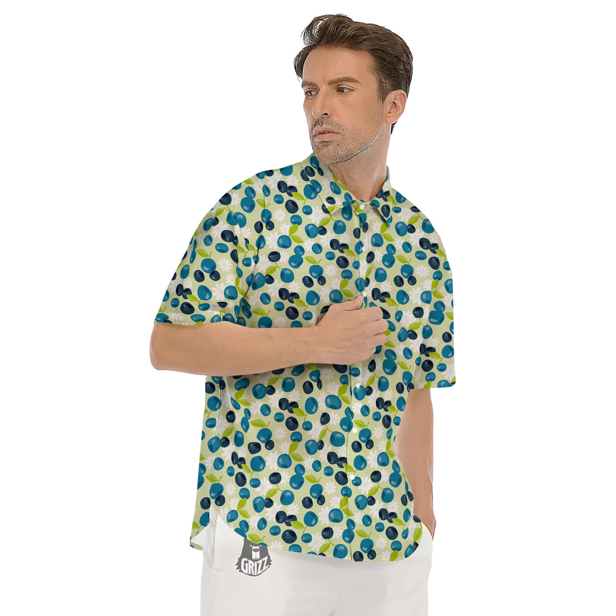 Blueberry And Daisy Print Pattern Men's Short Sleeve Shirts-grizzshop