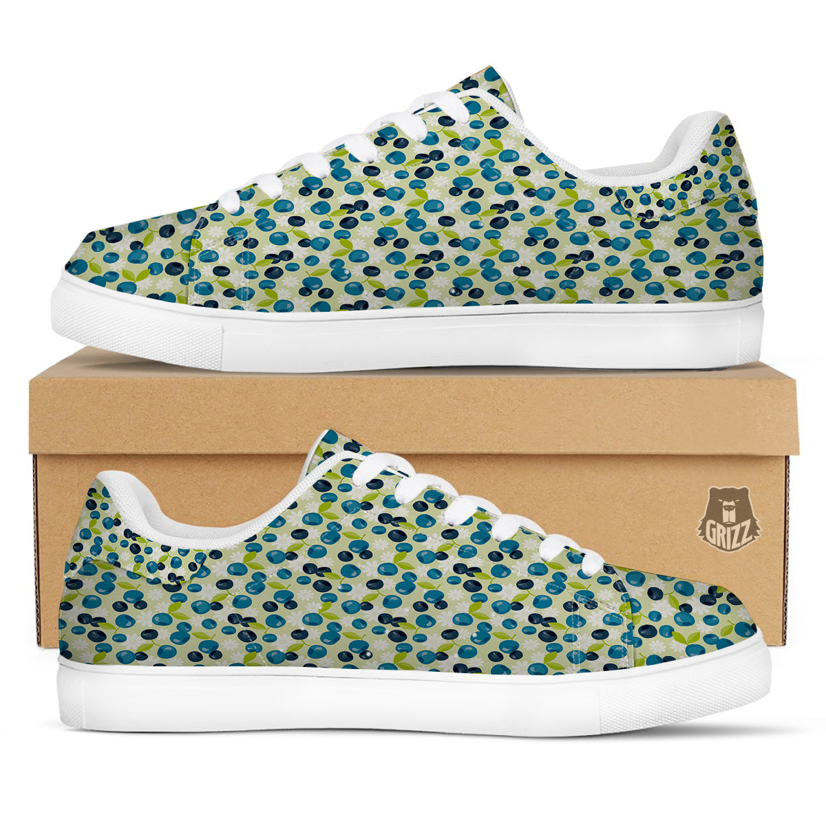 Blueberry And Daisy Print Pattern White Low Top Sneakers-grizzshop