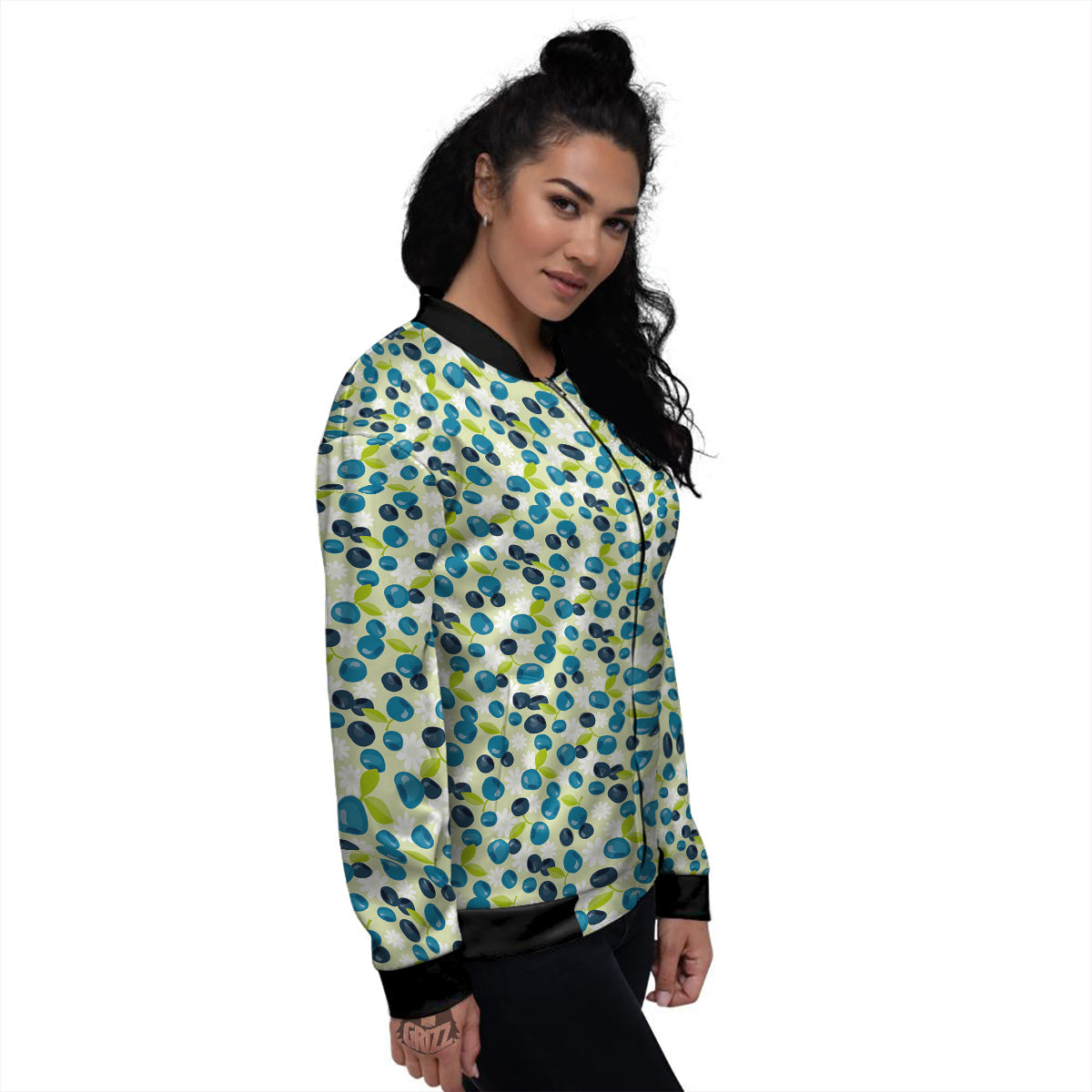 Blueberry And Daisy Print Pattern Women's Bomber Jacket-grizzshop