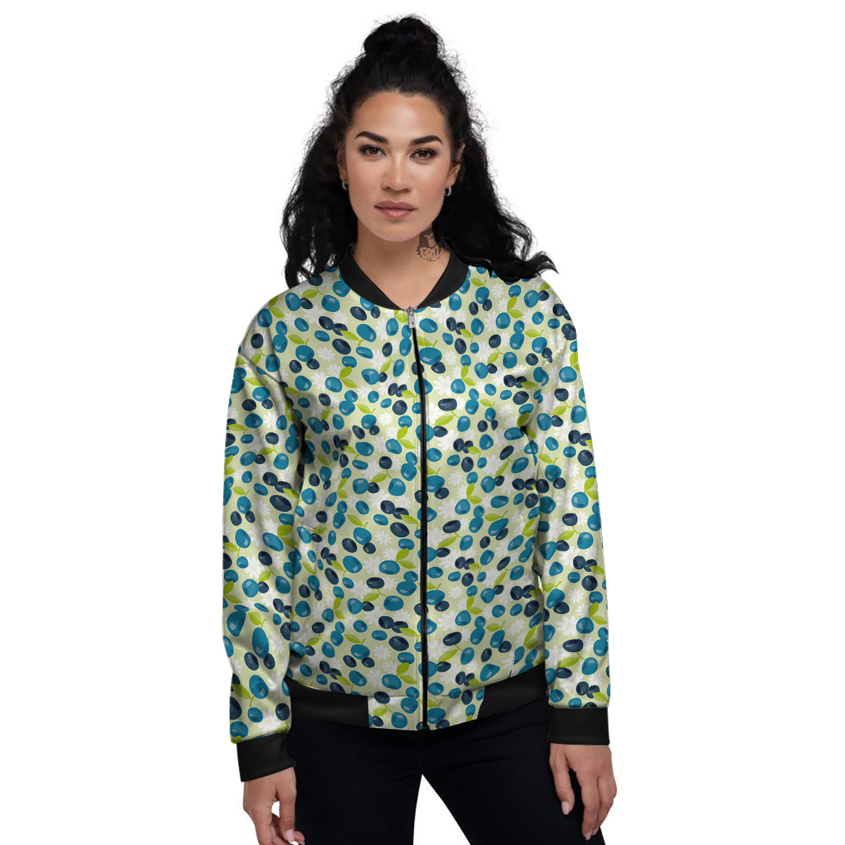 Blueberry And Daisy Print Pattern Women's Bomber Jacket-grizzshop