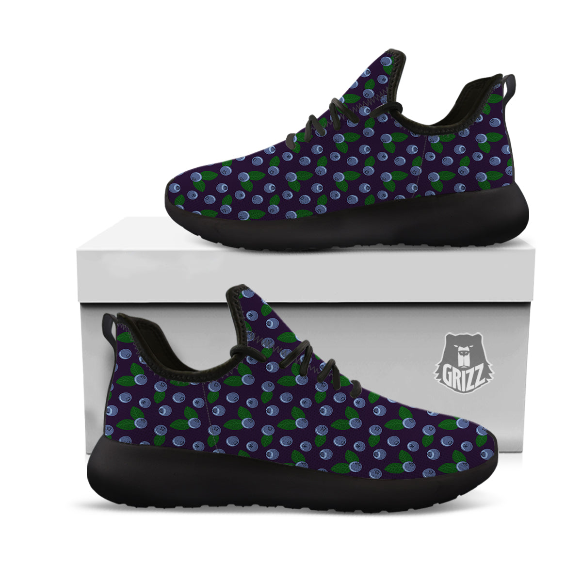 Blueberry And Leaf Print Pattern Black Athletic Shoes-grizzshop