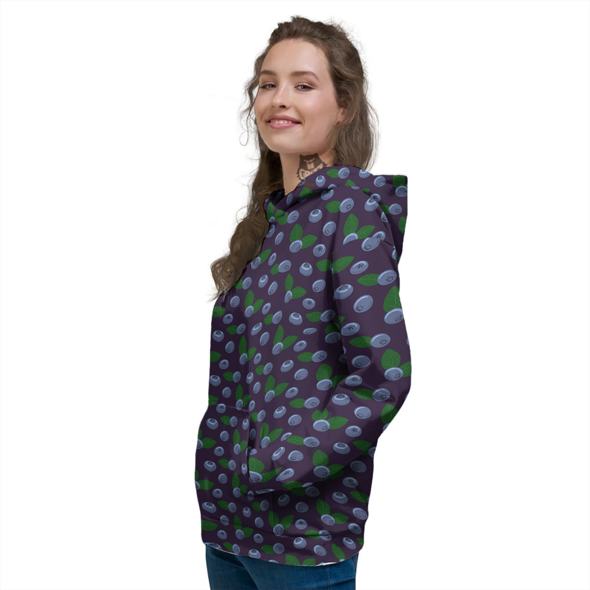 Blueberry And Leaf Print Pattern Women's Hoodie-grizzshop